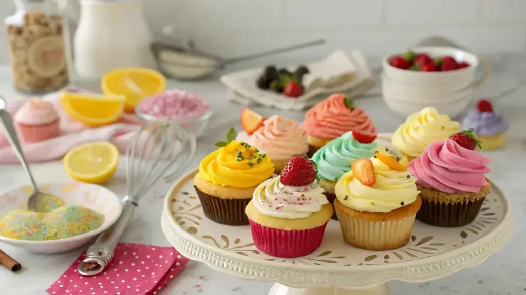A platter of colorful mini cupcakes with various frostings and toppings in a cozy kitchen setting.