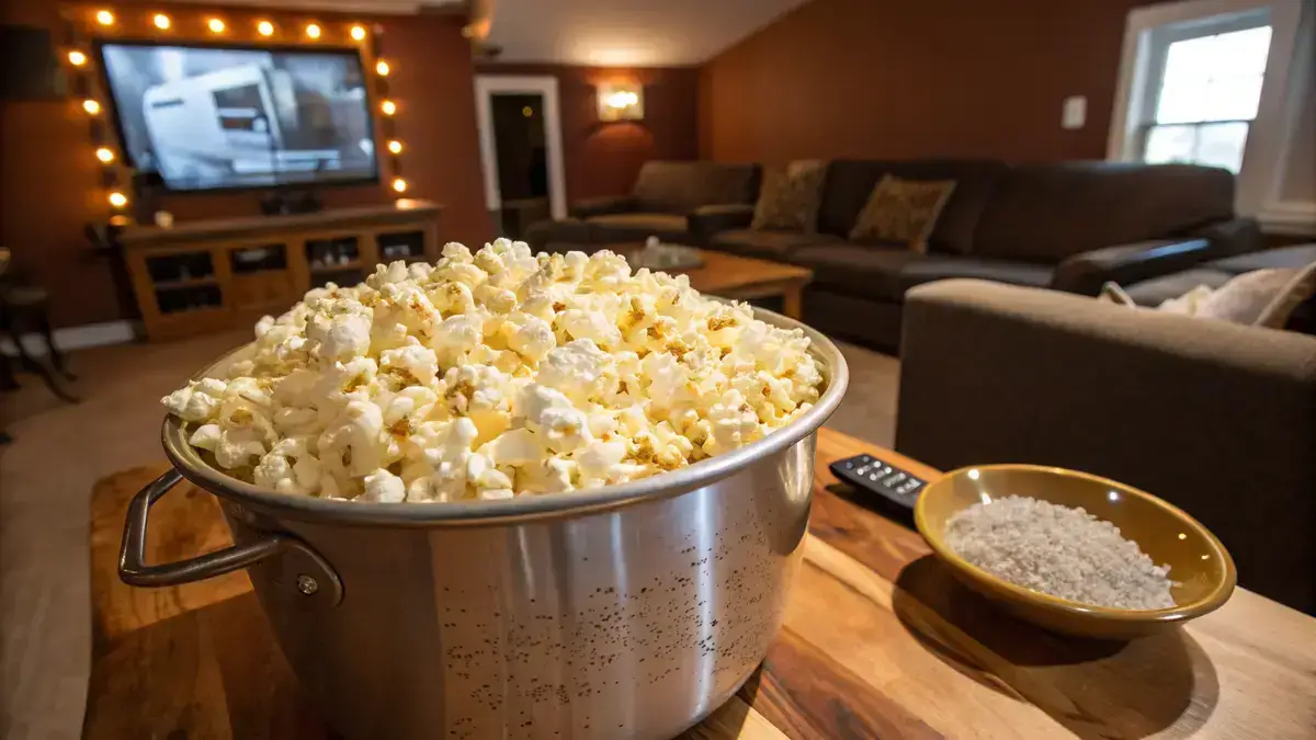 A bowl of movie popcorn with melted butter and salt, ready for movie night.