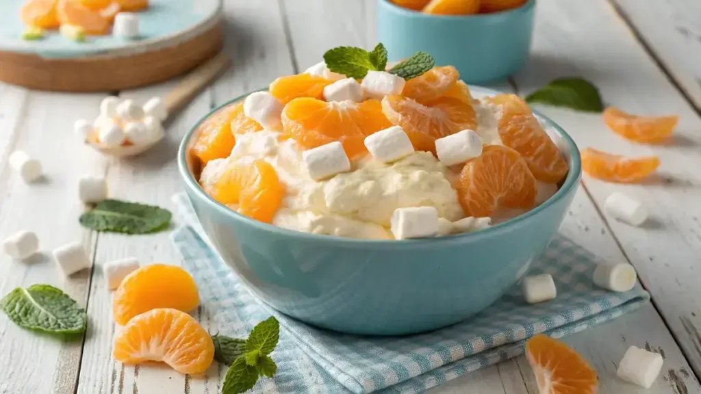 A colorful bowl of orange fluff dessert with mandarin oranges and marshmallows.