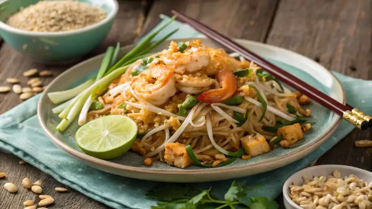 A delicious serving of Pad Thai with shrimp and tofu, garnished with peanuts and lime.
