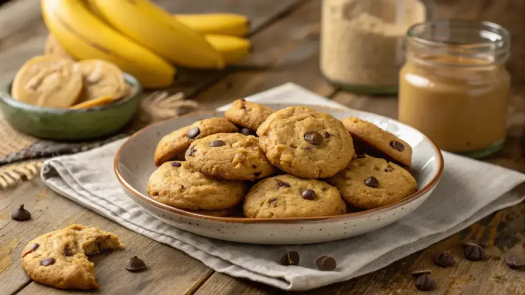 Plate of peanut butter banana cookies with chocolate chips, surrounded by bananas and peanut butter.