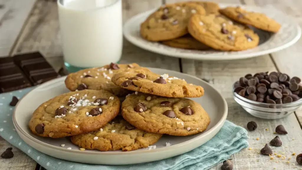 Plate of peanut butter oatmeal chocolate chip cookies with a glass of milk.