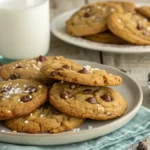 Plate of peanut butter oatmeal chocolate chip cookies with a glass of milk.
