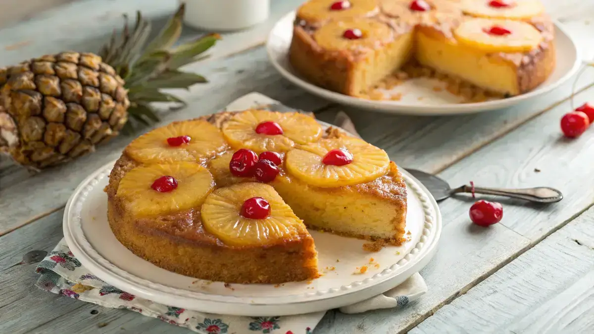 A delicious pineapple upside down cake with caramelized pineapple slices and cherries on top, served on a vintage plate.