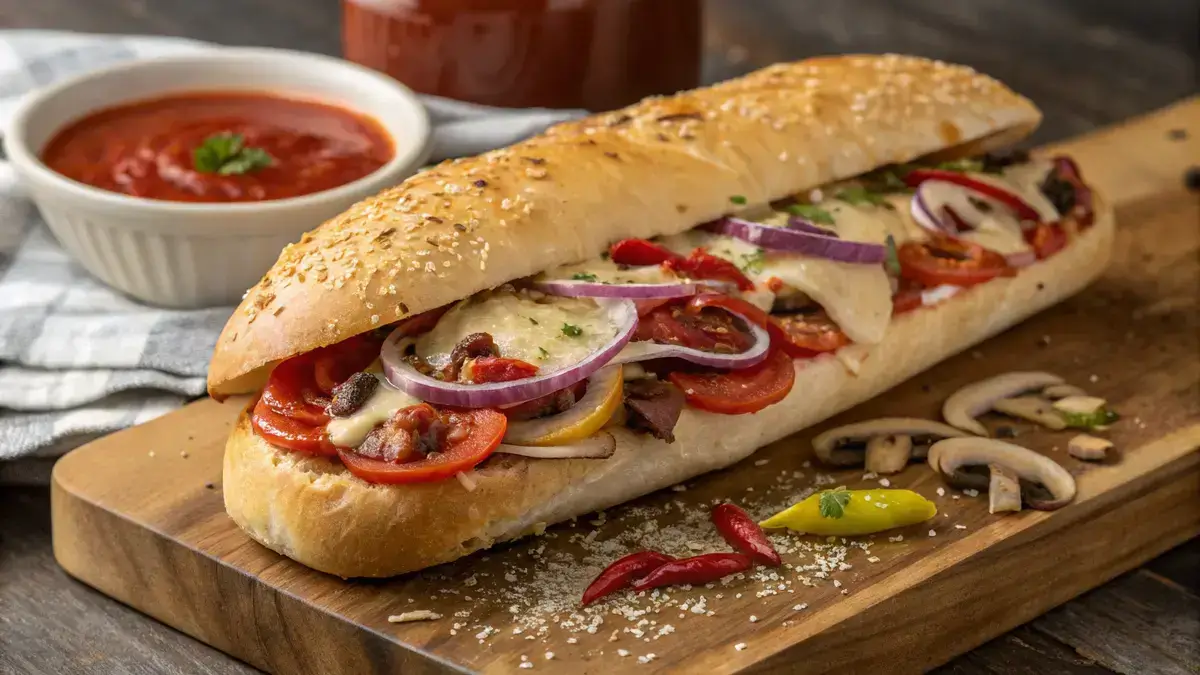 A freshly baked pizza sub filled with cheese and toppings on a wooden board.