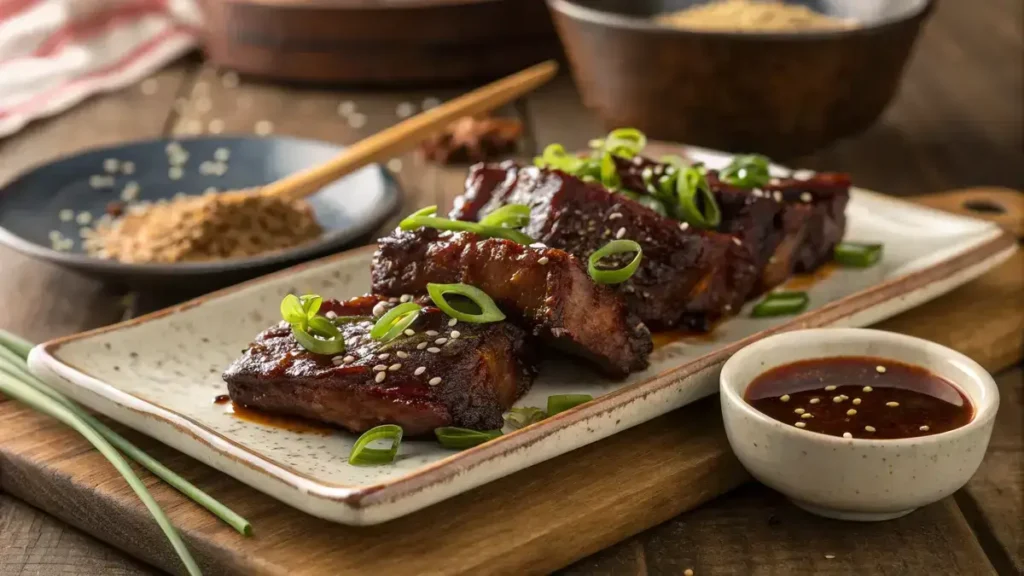 Plate Short Ribs garnished with green onions on a wooden table.