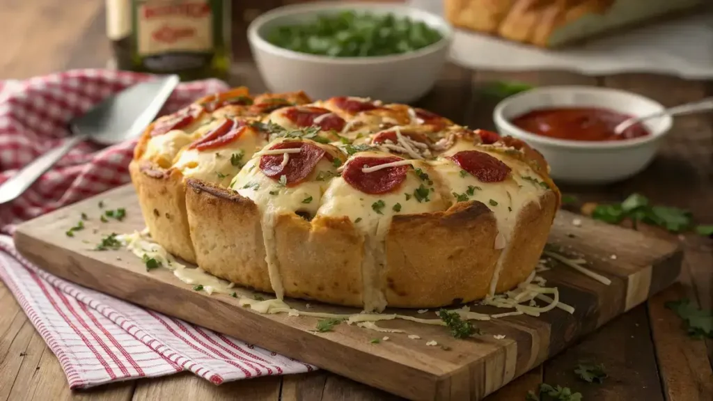 Pull Apart Pizza Bread with melted cheese and pepperoni, garnished with parsley.