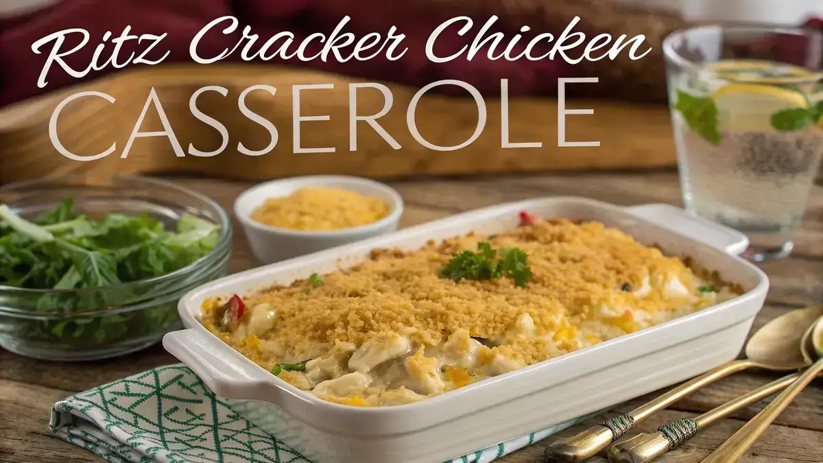 A freshly baked Ritz Cracker Chicken Casserole topped with golden cracker crumbs and cheese, served in a baking dish.