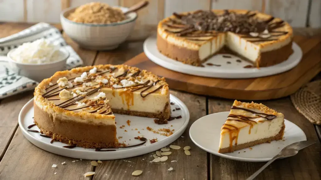 Sliced Samoa cheesecake with caramel and coconut topping on a wooden table.