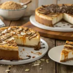 Sliced Samoa cheesecake with caramel and coconut topping on a wooden table.