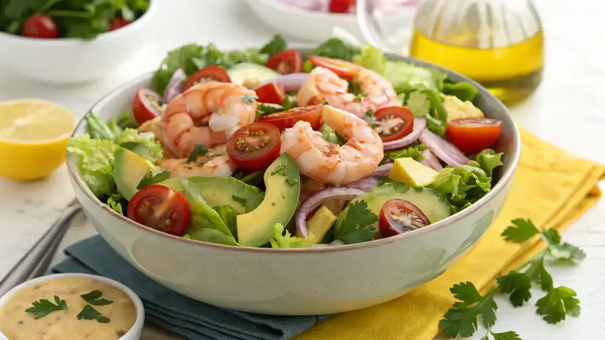 A colorful shrimp salad with fresh vegetables and shrimp, garnished with parsley.
