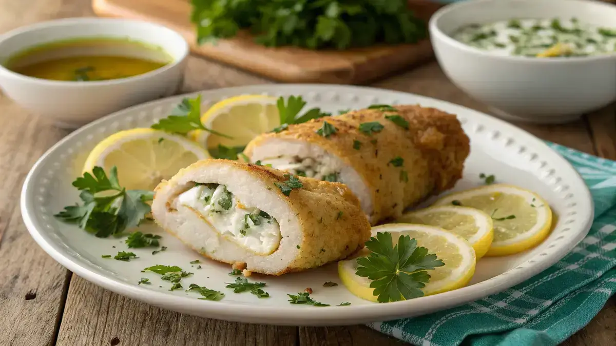 Stuffed sole fillets garnished with parsley and lemon slices on a wooden table.