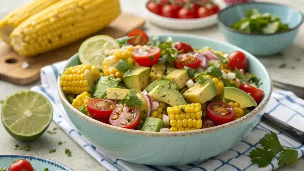A colorful summer corn salad with corn, tomatoes, cucumber, avocado, and cilantro in a bowl.