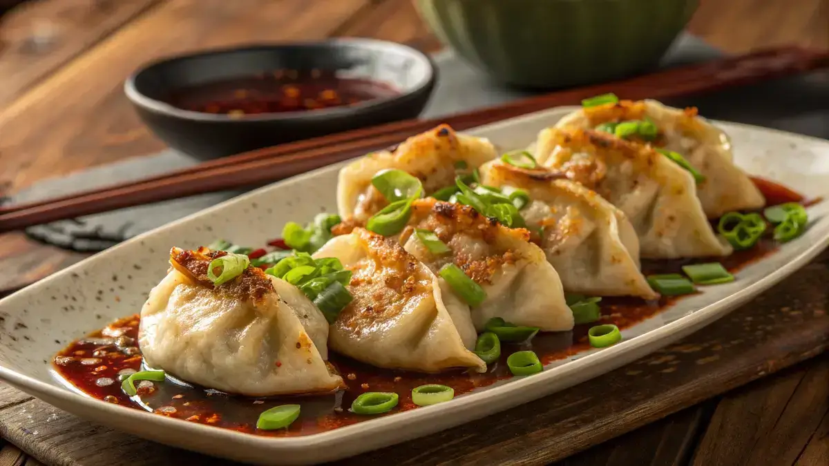 Plate of szechuan dumplings garnished with green onions and drizzled with sauce.
