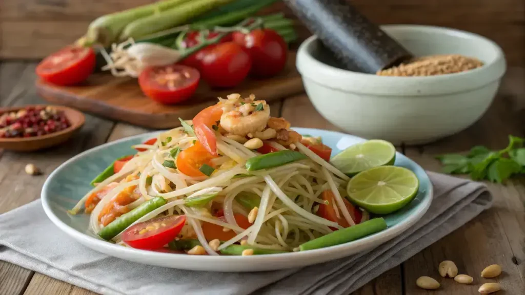 A colorful Thai papaya salad with shredded papaya, cherry tomatoes, and green beans on a wooden table.