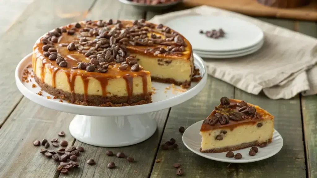 A slice of turtle cheesecake on a white cake stand, topped with caramel sauce, pecans, and chocolate chips.