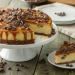 A slice of turtle cheesecake on a white cake stand, topped with caramel sauce, pecans, and chocolate chips.