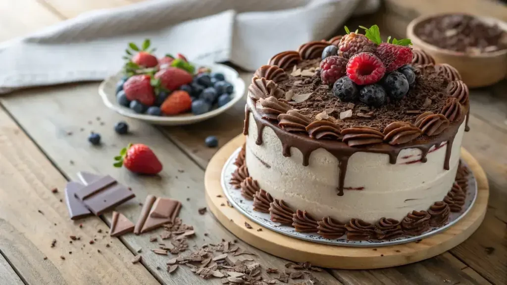 A delicious vanilla cake with chocolate frosting and fresh berries on top.