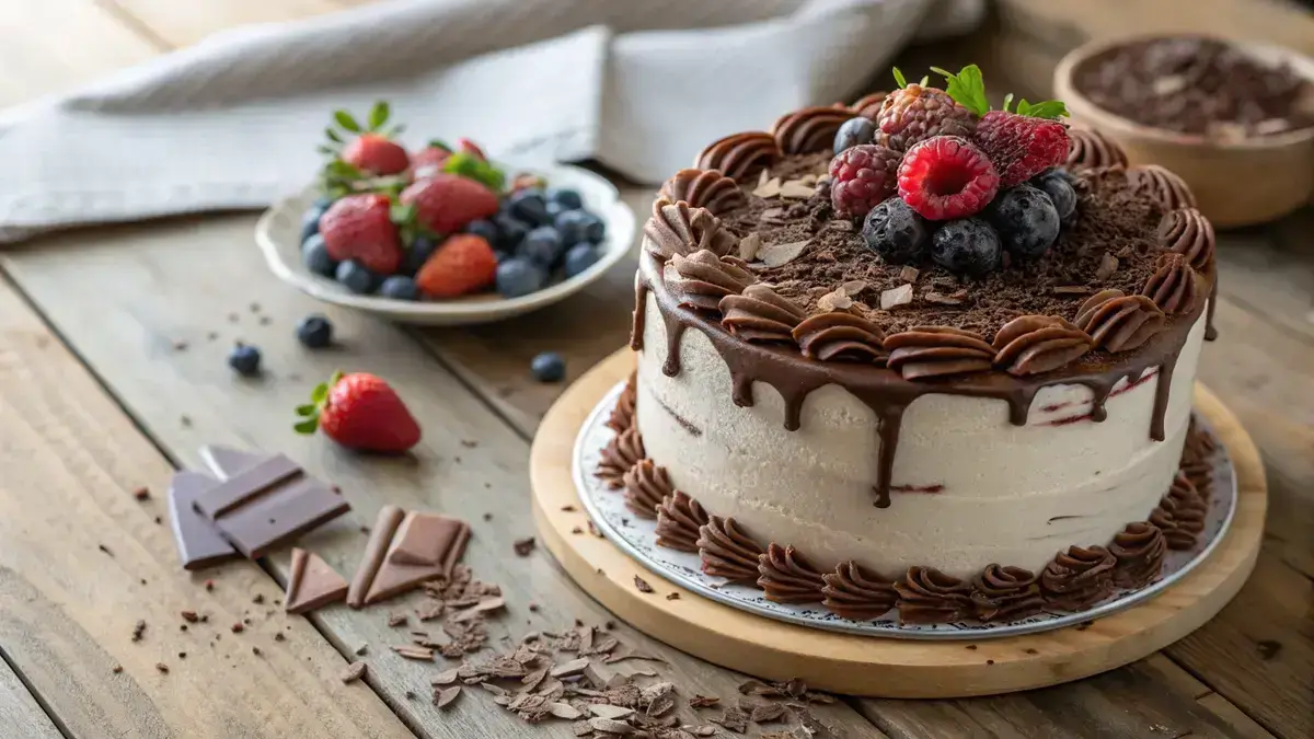 A delicious vanilla cake with chocolate frosting and fresh berries on top.