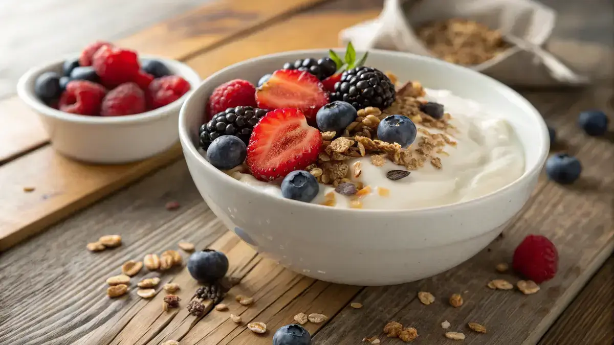 A bowl of whipped yogurt garnished with fresh berries and granola on a wooden table.