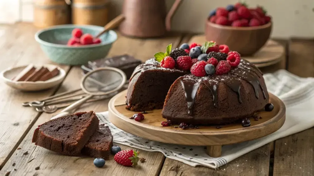 A slice of Chocolate Mayonnaise Cake on a plate, showcasing its moist texture and rich chocolate color.