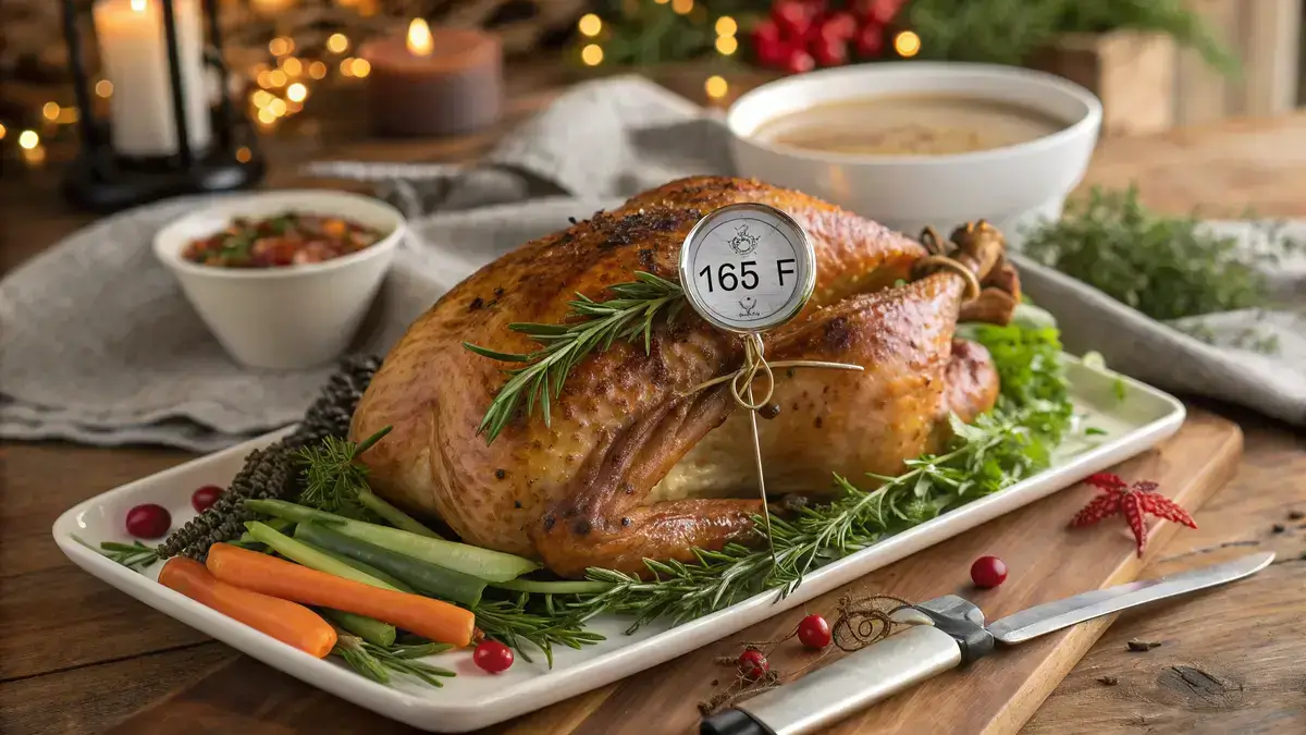 A perfectly roasted frozen whole turkey on a wooden table with herbs and vegetables.