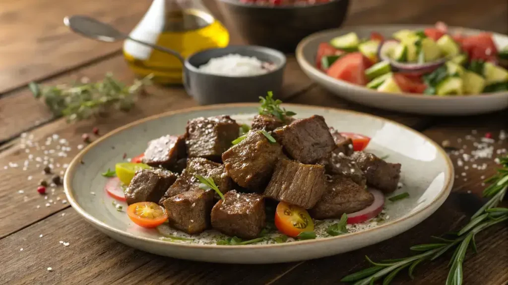 Plate of browned beef cubes seasoned with herbs and spices.