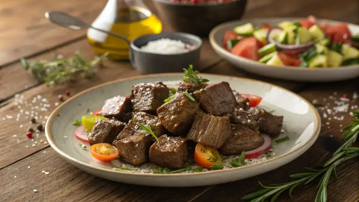 Plate of browned beef cubes seasoned with herbs and spices.