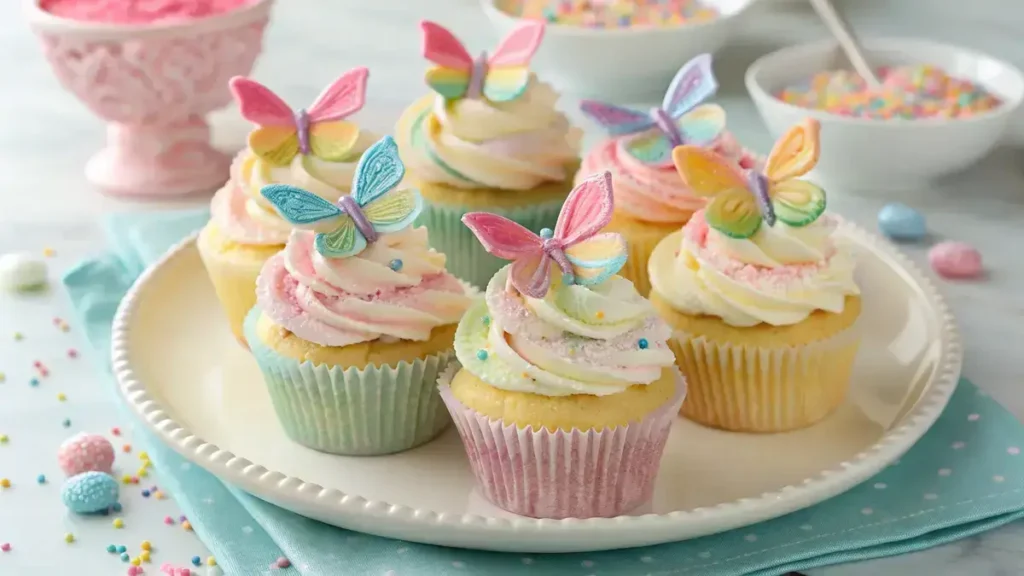 A plate of butterfly cupcakes decorated with colorful frosting and butterfly wings.