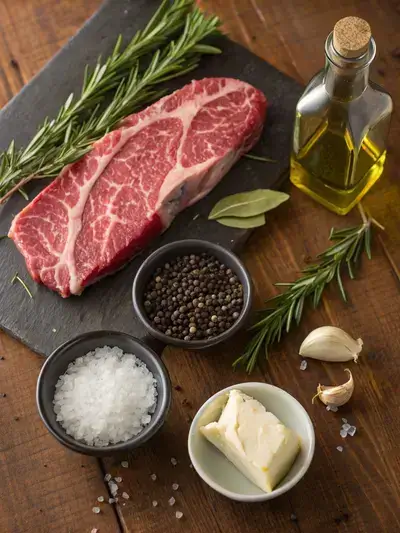 Ingredients for angus beef steak displayed on a kitchen table.