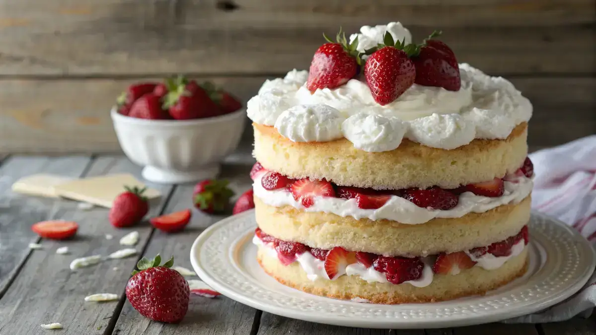 An enticing Strawberry Shortcake Cake adorned with layers of whipped cream and fresh strawberries.