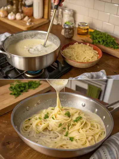 Step-by-step preparation of fettuccine Alfredo in an Italian kitchen, showcasing boiling pasta, sautéing garlic, making cream sauce, and combining with fettuccine.