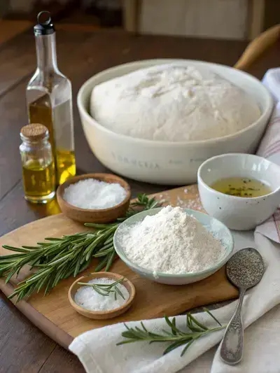 Ingredients for focaccia bread displayed on a rustic kitchen table.
