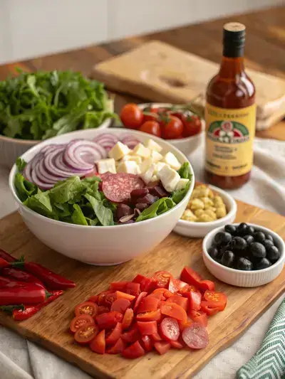 A colorful assortment of antipasto salad ingredients including greens, tomatoes, salami, mozzarella, and olives on a kitchen table.
