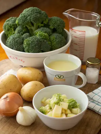 Fresh ingredients for broccoli potato soup displayed on a kitchen table.