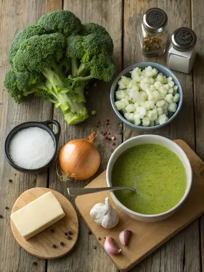 Fresh ingredients for broccoli soup displayed on a kitchen table.