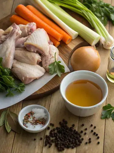 A variety of fresh ingredients for chicken bone broth displayed on a rustic kitchen table.