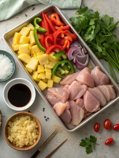 Ingredients for Hawaiian chicken sheet pan including chicken thighs, pineapple, bell peppers, and onion on a kitchen table.