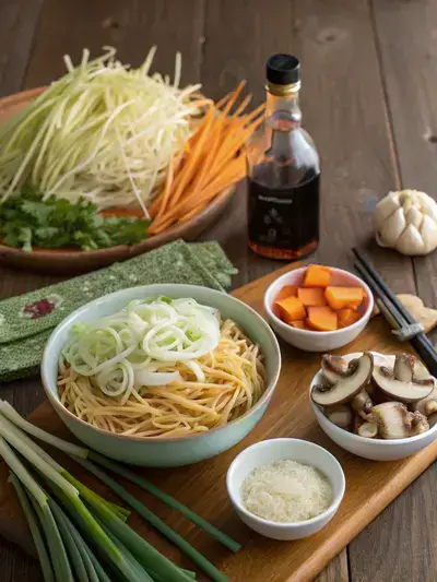 A colorful assortment of ingredients for hibachi noodles displayed on a kitchen table.