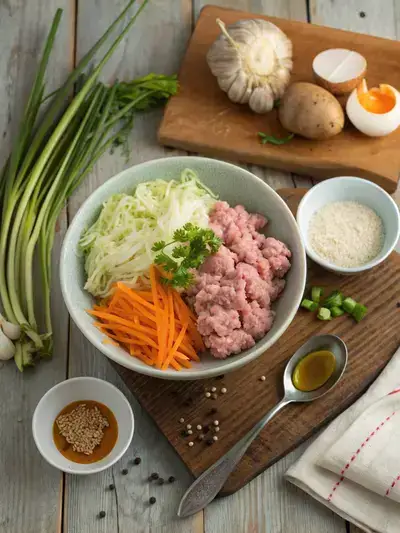 A variety of fresh ingredients for keto egg roll in a bowl, including ground meat, cabbage, carrots, garlic, ginger, and garnishes, displayed on a kitchen table.