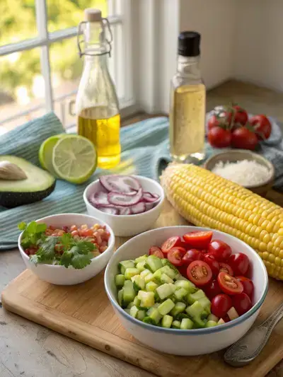 A vibrant assortment of fresh ingredients for summer corn salad on a kitchen table.