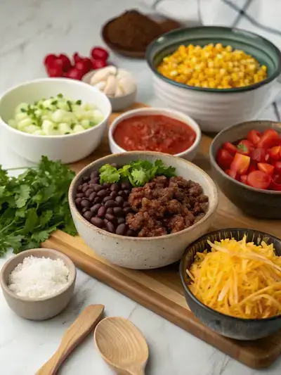 A colorful assortment of ingredients for Taco Soup laid out on a kitchen table.