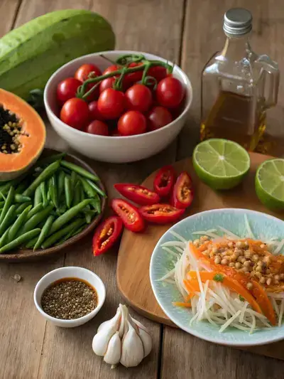 Fresh ingredients for Thai papaya salad displayed on a rustic kitchen table.