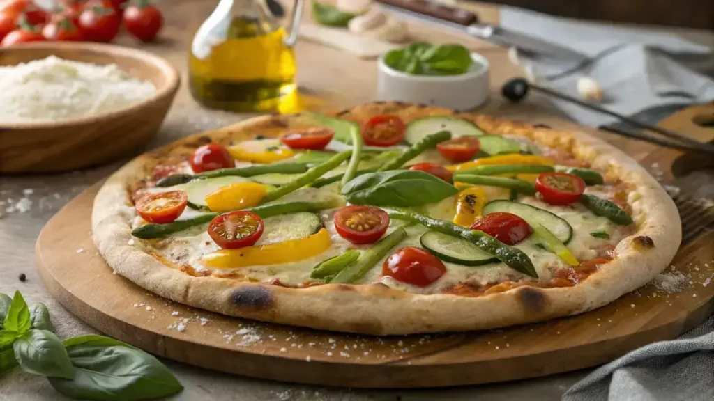 Delicious primavera pizza topped with fresh vegetables and mozzarella cheese.