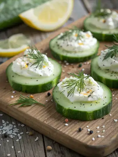 A display of cucumber bites with cream cheese and dill on a wooden table.