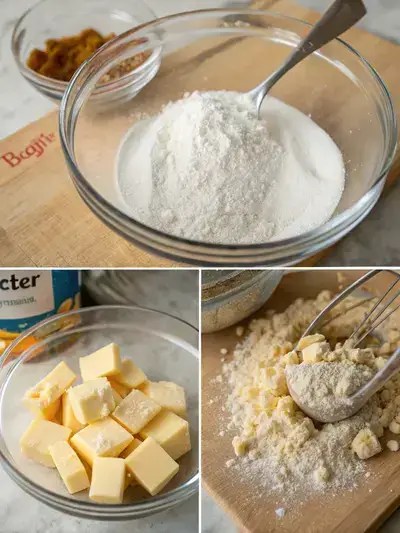Step-by-step process of making fried dough, showcasing ingredients and preparation techniques.