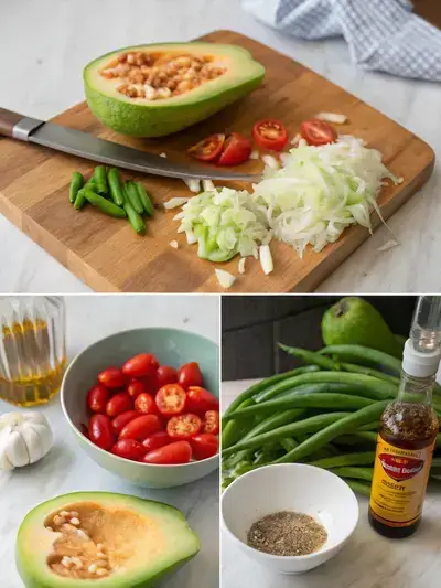 Visual steps for crafting a Thai papaya salad with fresh ingredients and hamburger buns on the side