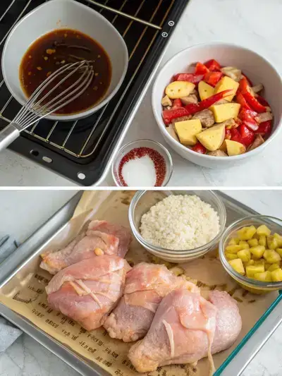 Step-by-step preparation of Hawaiian chicken sheet pan with marinated chicken, pineapple, bell peppers, and red onions.