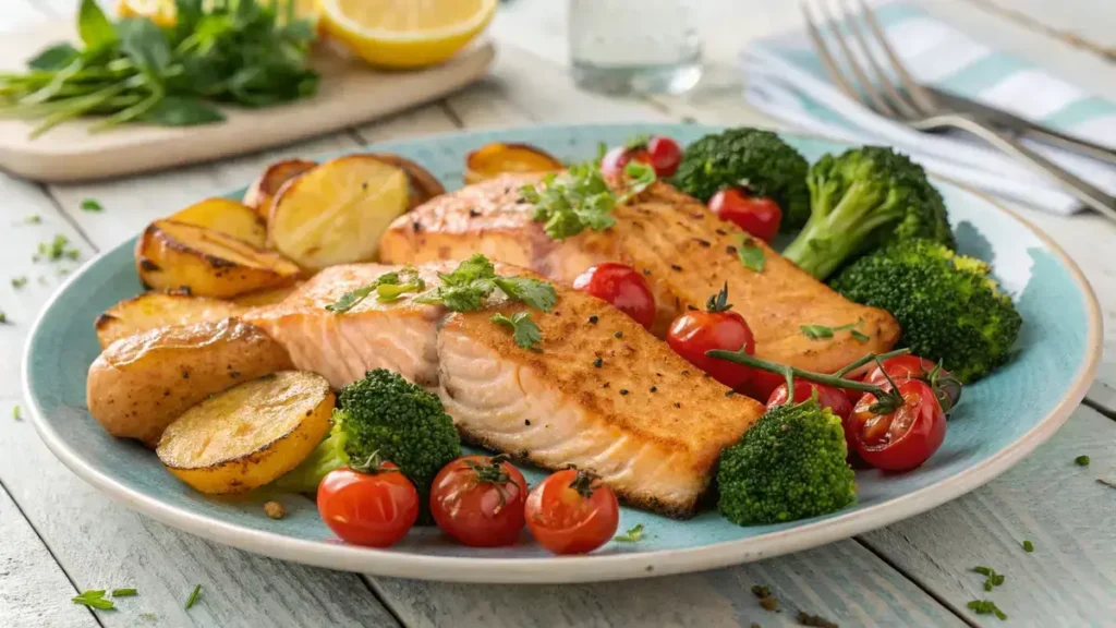 A colorful salmon meal prep with roasted salmon, potatoes, broccoli, and cherry tomatoes.
