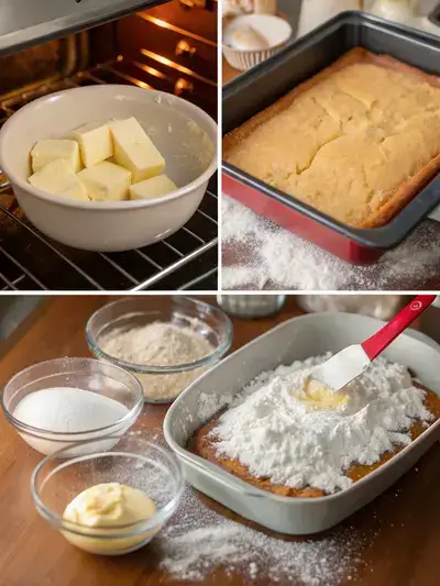 Step-by-step preparation of Heaven on Earth Cake, including preheating the oven, mixing dry ingredients, creaming butter and sugar, and pouring batter into a pan.